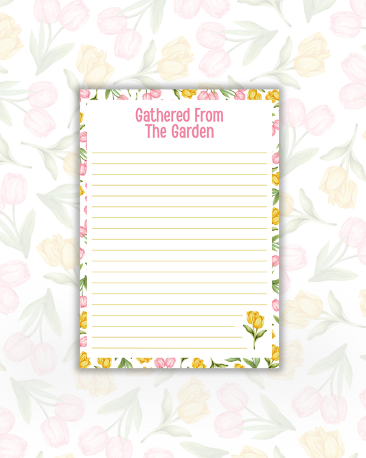 Floral notepad with 'Gathered From The Garden' text on a floral background