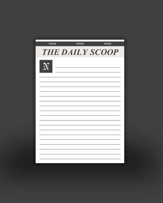 Notepad with 'The Daily Scoop' branding on a dark background