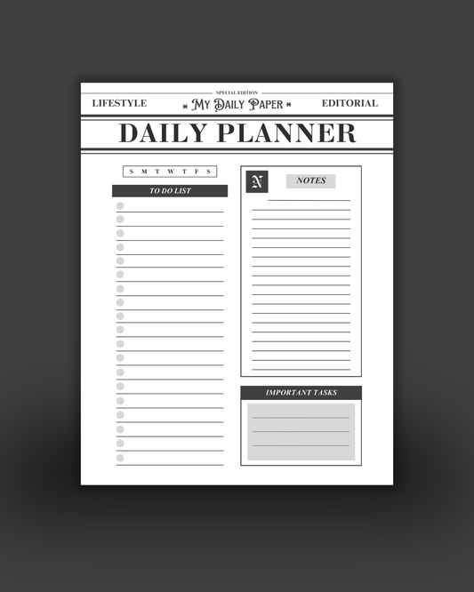 Daily planner sheet with various sections on a dark background