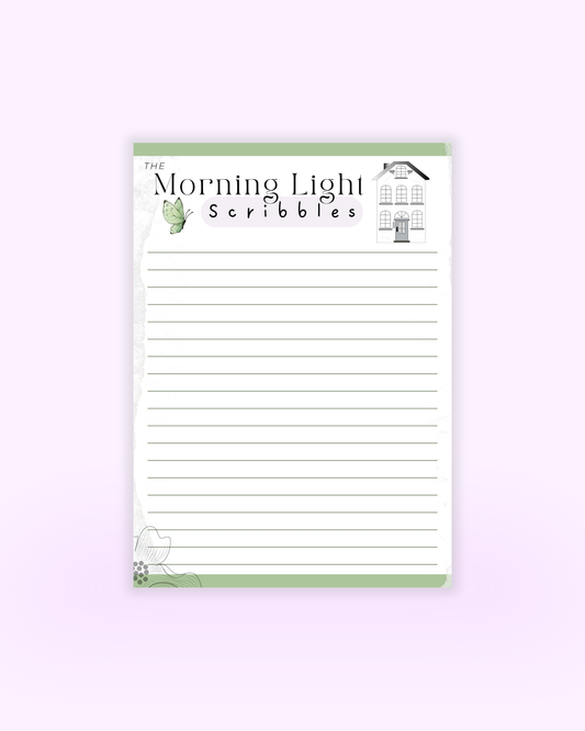 Notepad with 'Morning Light Scribbles' text and design on a white background