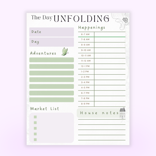 Daily planner sheet with time slots and checkboxes on a light purple background
