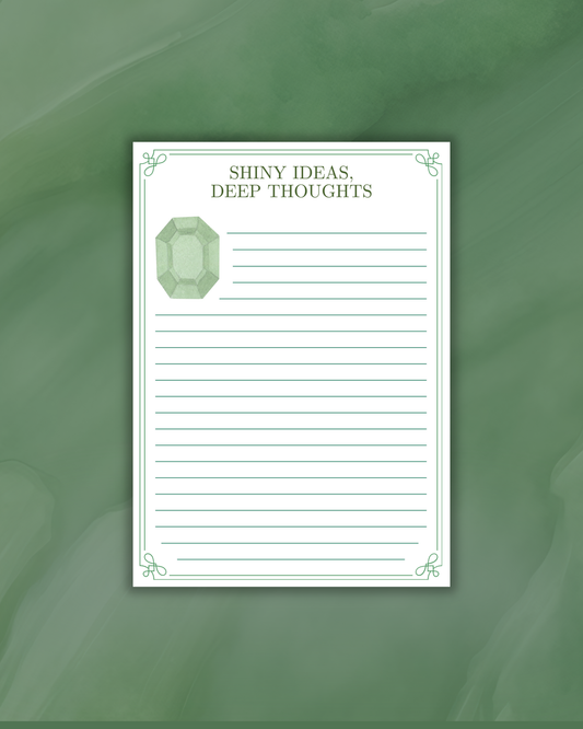 Notepad with 'Shiny Ideas, Deep Thoughts' text on a green background