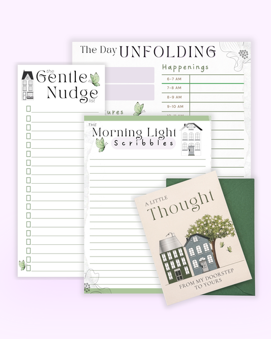 Set of planner sheets and cards with house illustrations on a light purple background