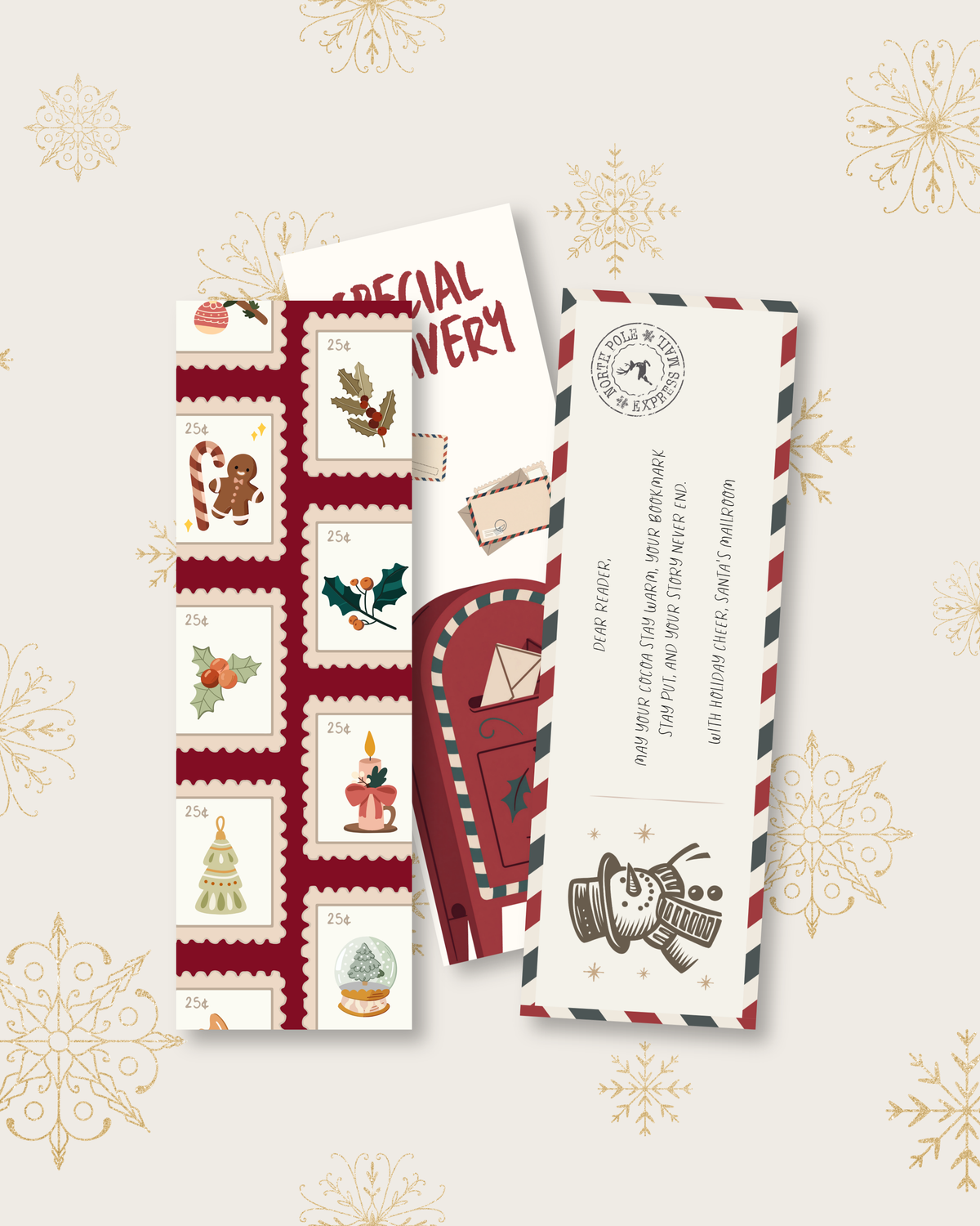 Three Christmas-themed postcard designs arranged on a light beige background with gold snowflake motifs. The cards feature festive illustrations including a gingerbread man, candy canes, holly, a Christmas tree, a snowman, and holiday stamps, with one card reading 'SPECIAL DELIVERY'.