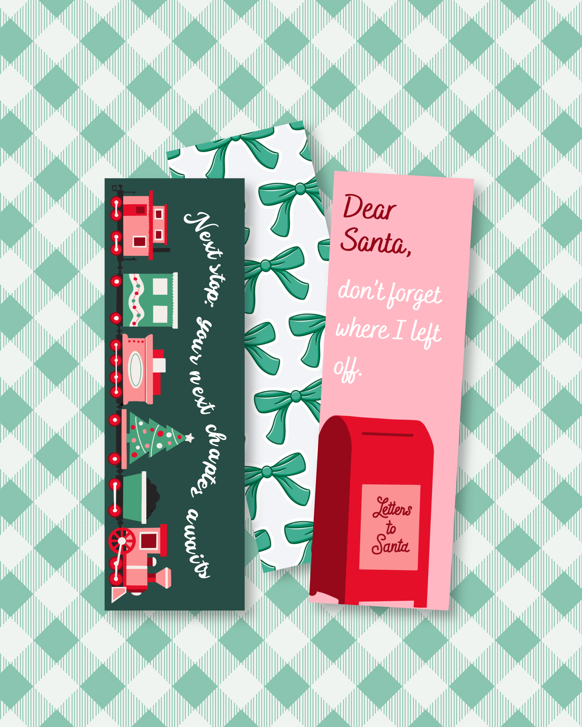 Three Christmas-themed paper bookmarks or cards arranged on a mint green and white checkered background. One dark green card shows holiday illustrations and the phrase 'Merry Christmas, your dad, Owen.