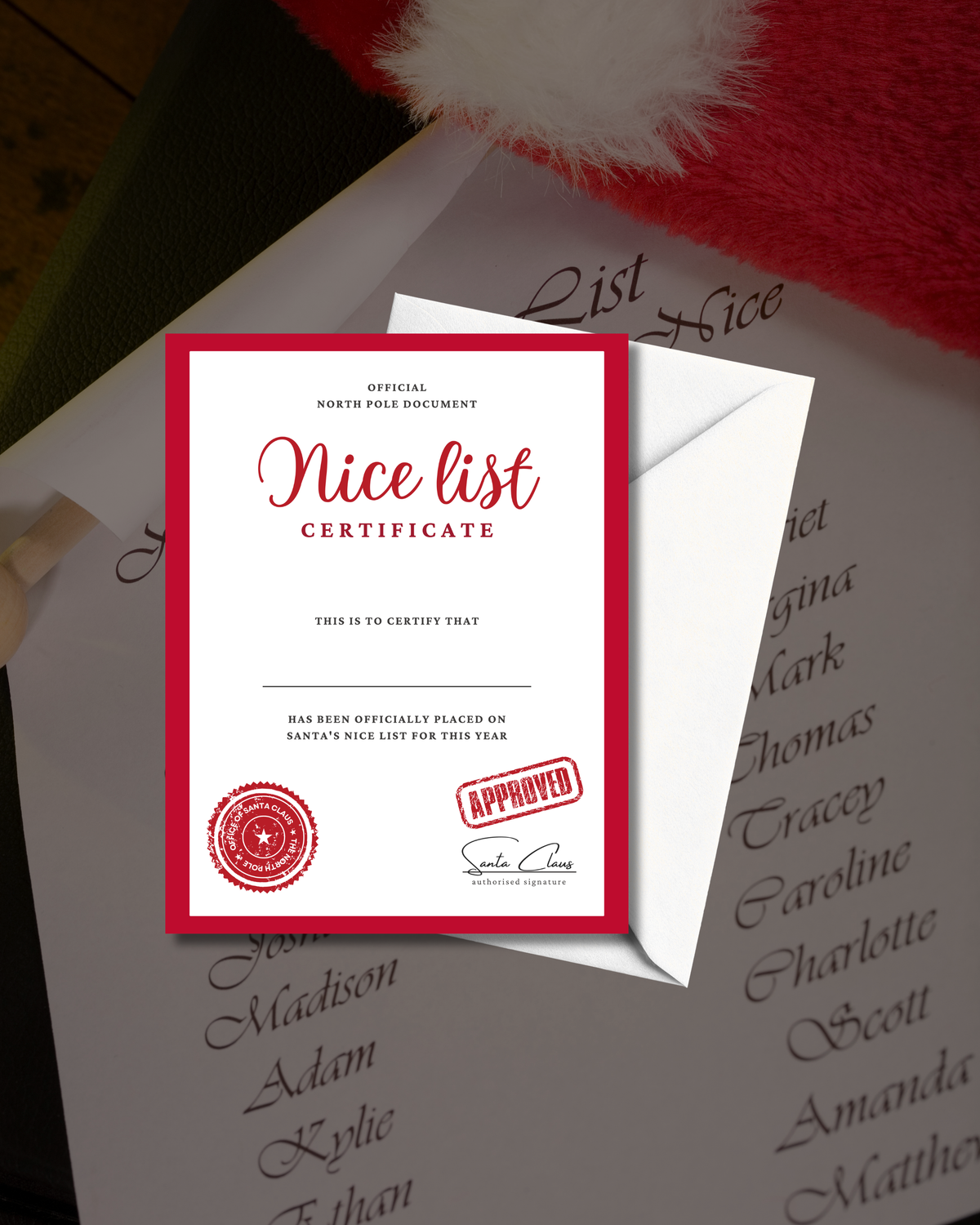 A North Pole-style 'Nice list Certificate' with a red border and red script text, shown with a white envelope on top of a list of names. The scene includes a Santa hat and other paper items in a styled flat-lay arrangement.