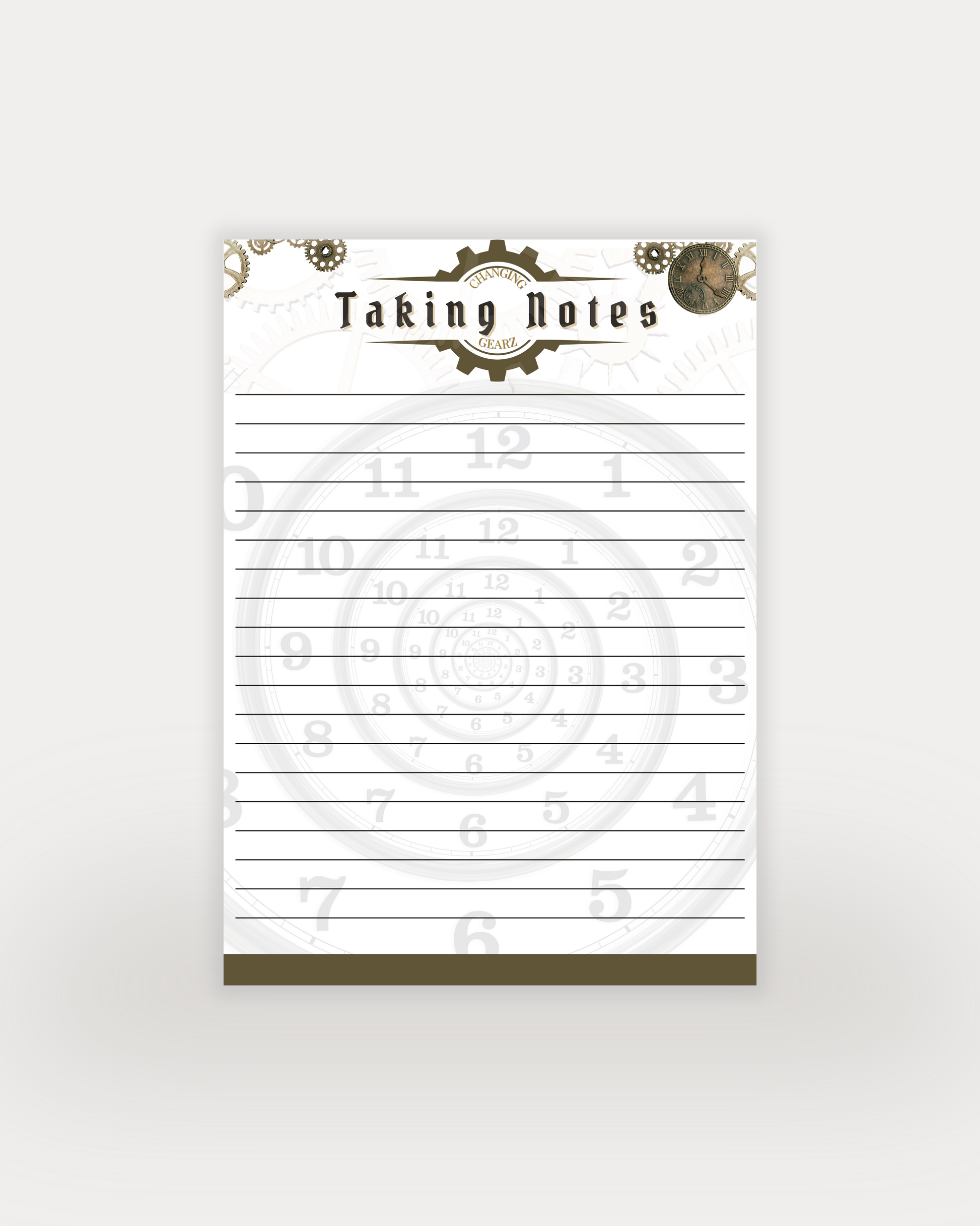 Notepad with 'Taking Notes' text and clock design on a white background