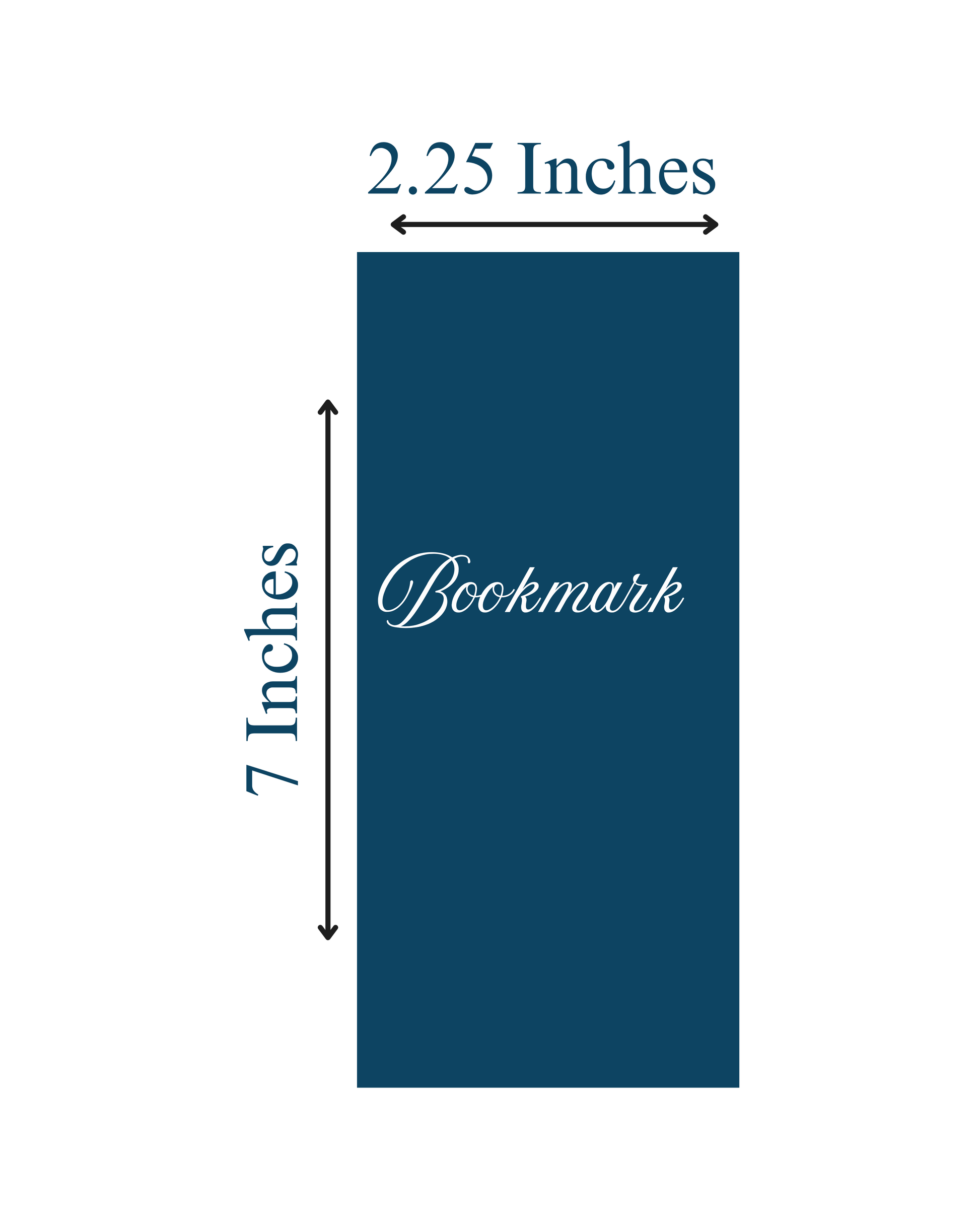 Measurement chart of a blue bookmark with dimensions 2.25 inches wide and 7 inches long.