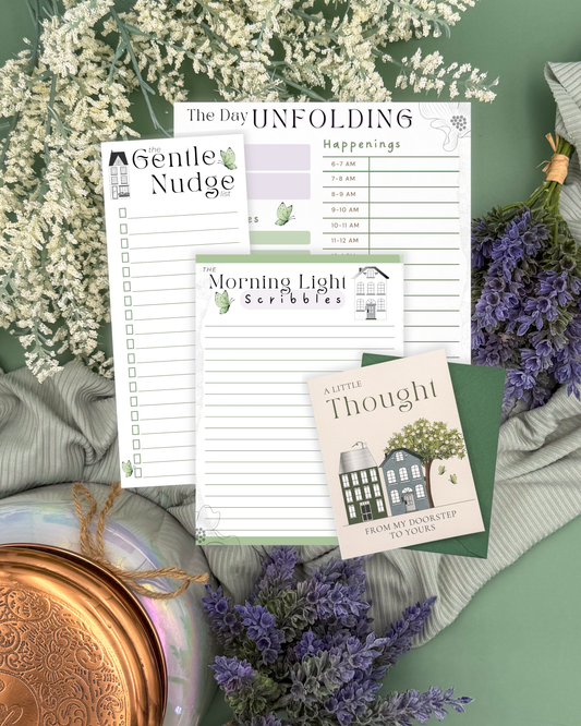 Collection of stationery items including a planner, postcard, and notepad on a green surface with flowers.