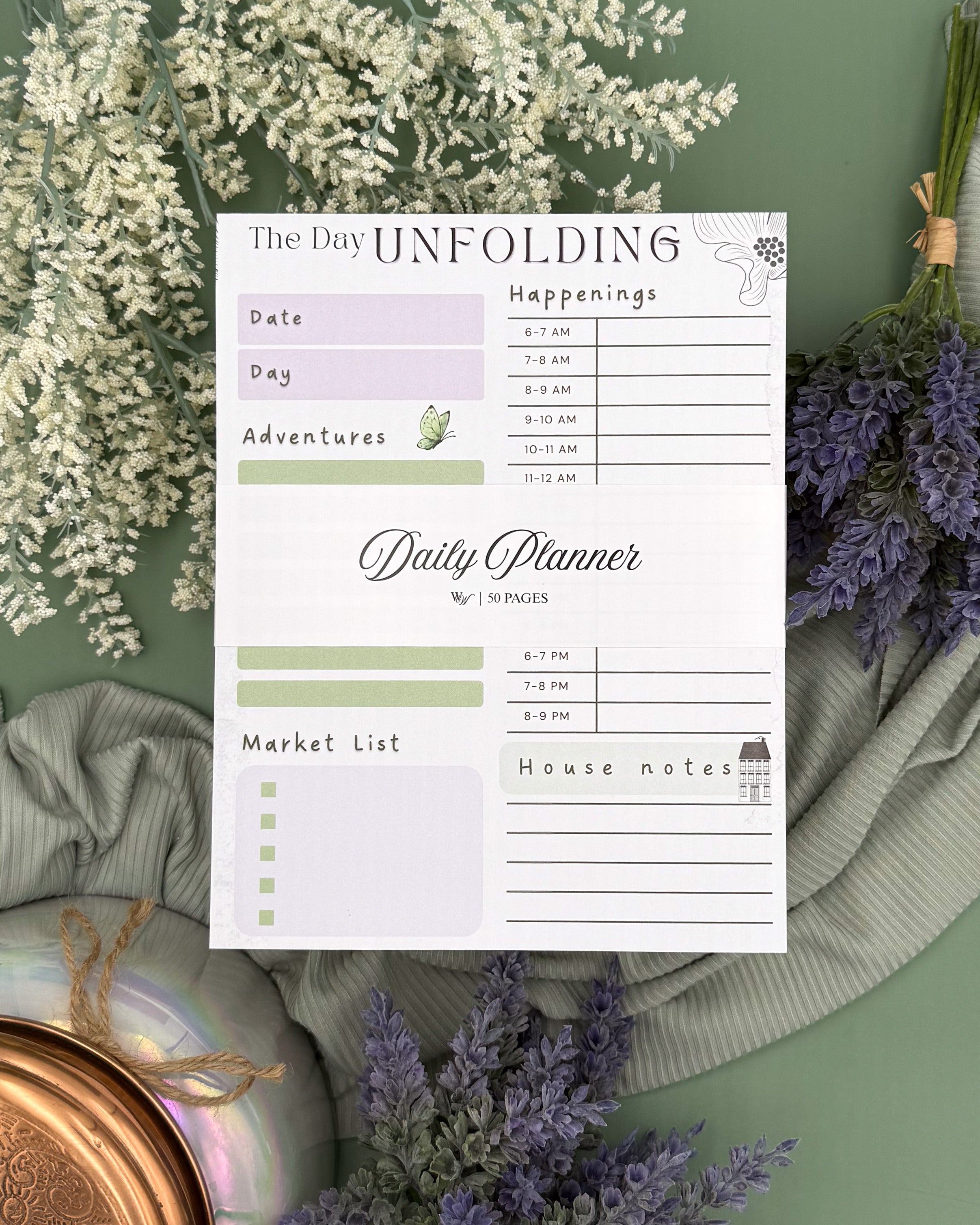 Daily planner sheet with decorative elements on a green background