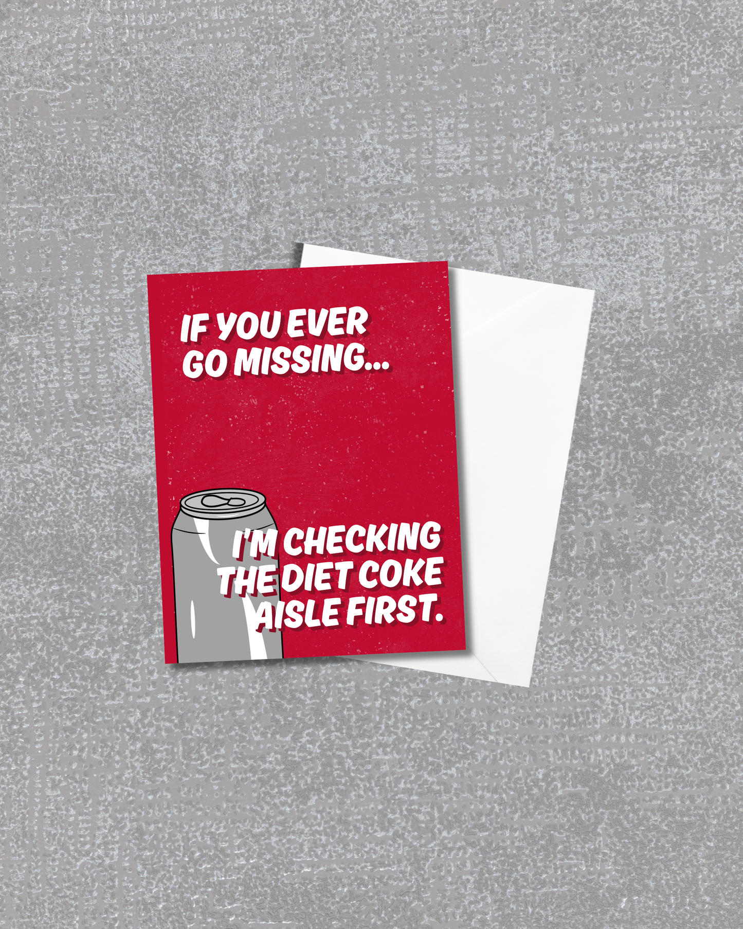 Red greeting card with text and Diet Coke graphic on a gray background