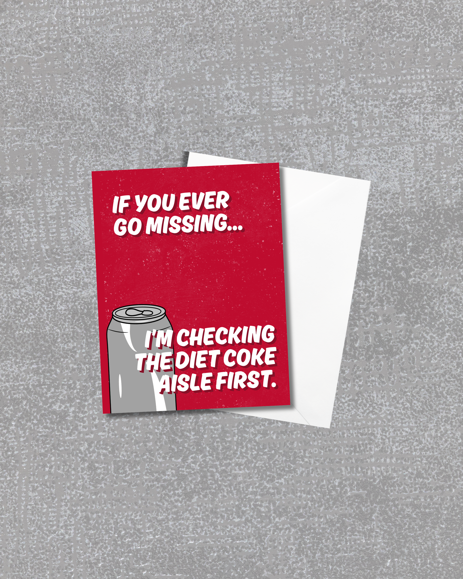 Red greeting card with text and Diet Coke graphic on a gray background