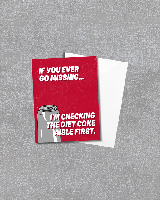 Red greeting card with text and Diet Coke graphic on a gray background