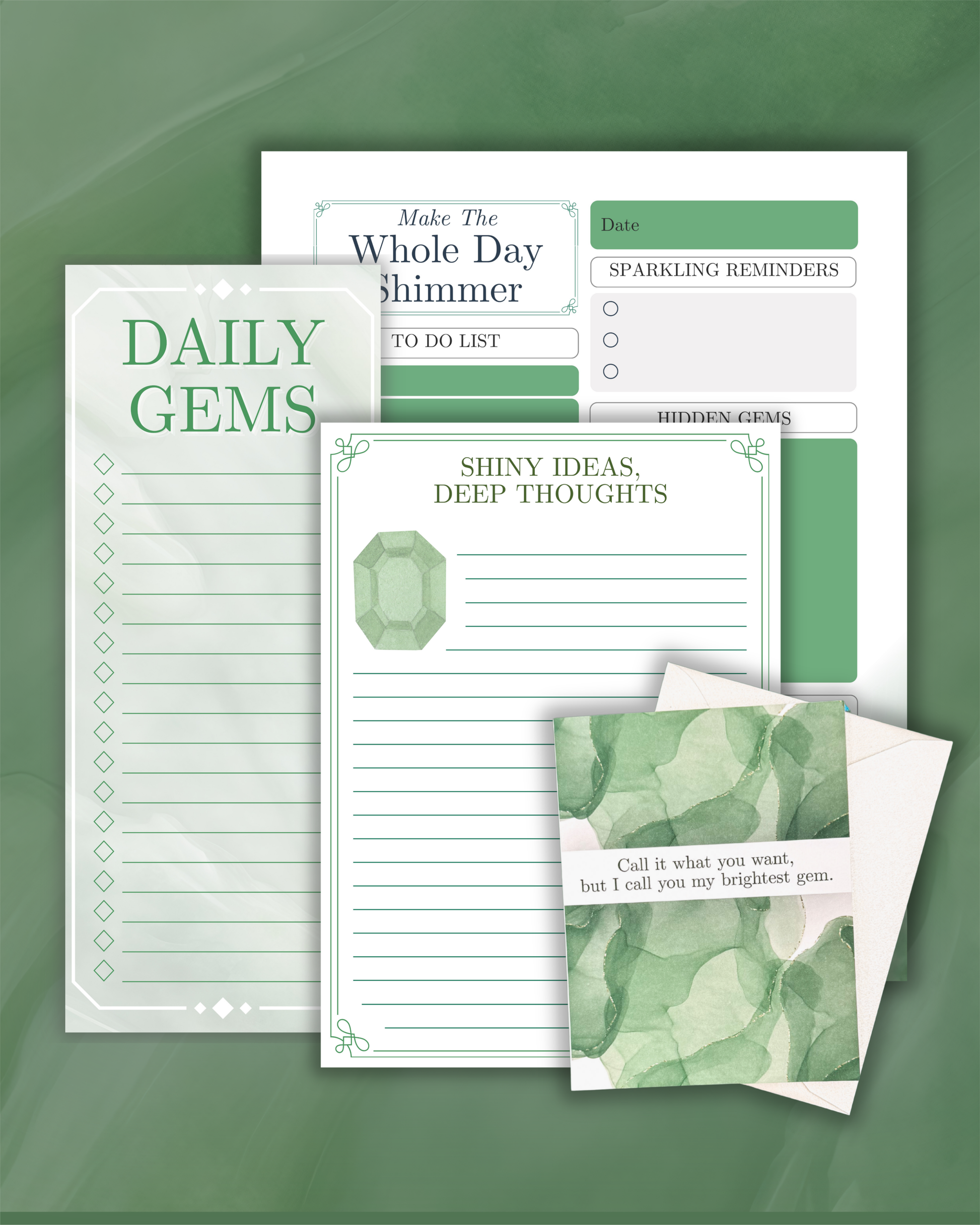 Set of green-themed planners and notes on a green background