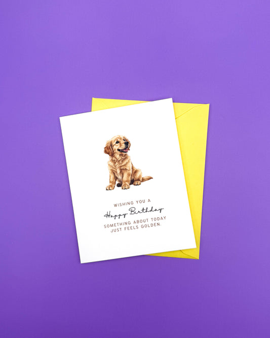 Birthday card with a dog illustration on a purple background