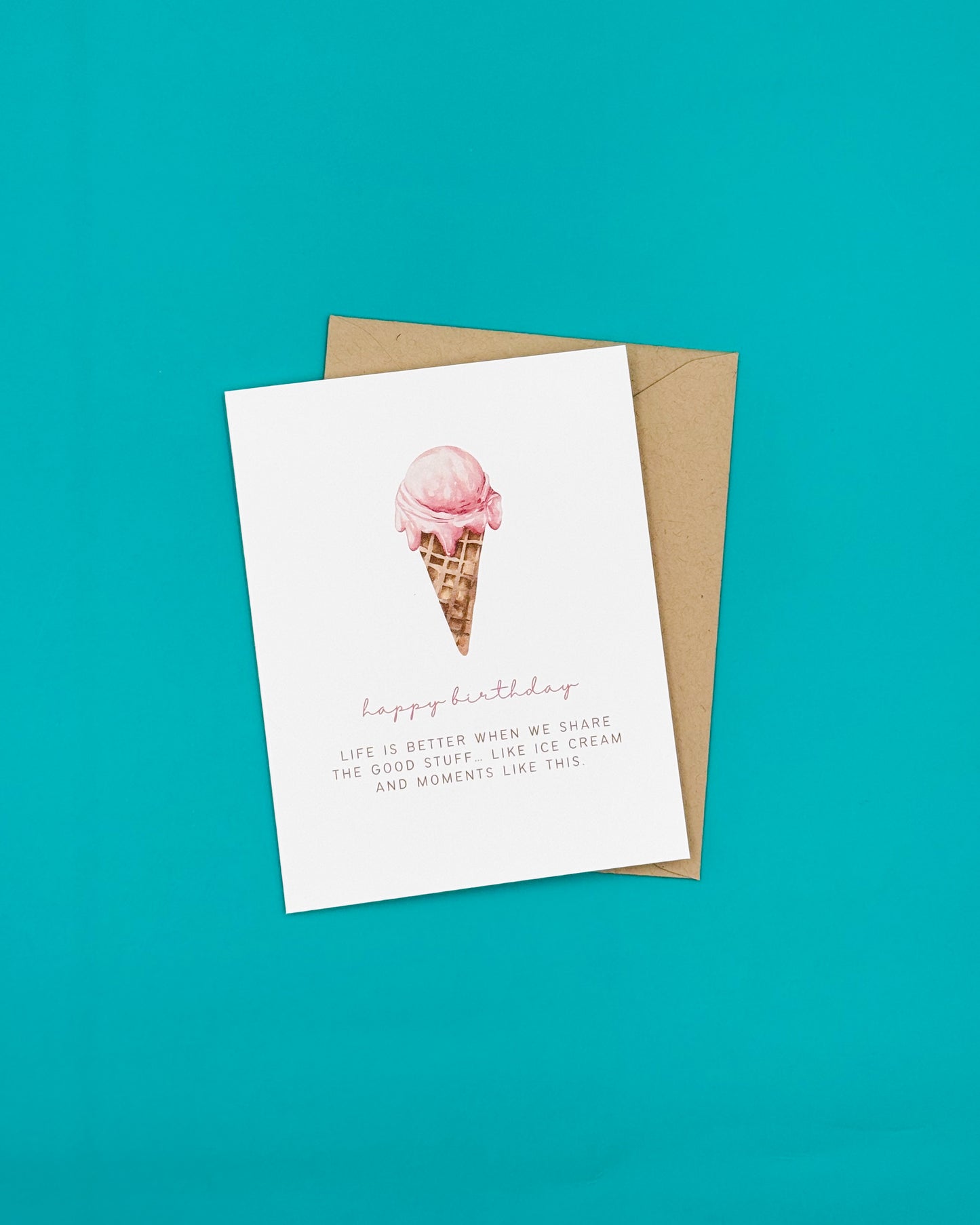 Greeting card with ice cream cone illustration and text on a teal background
