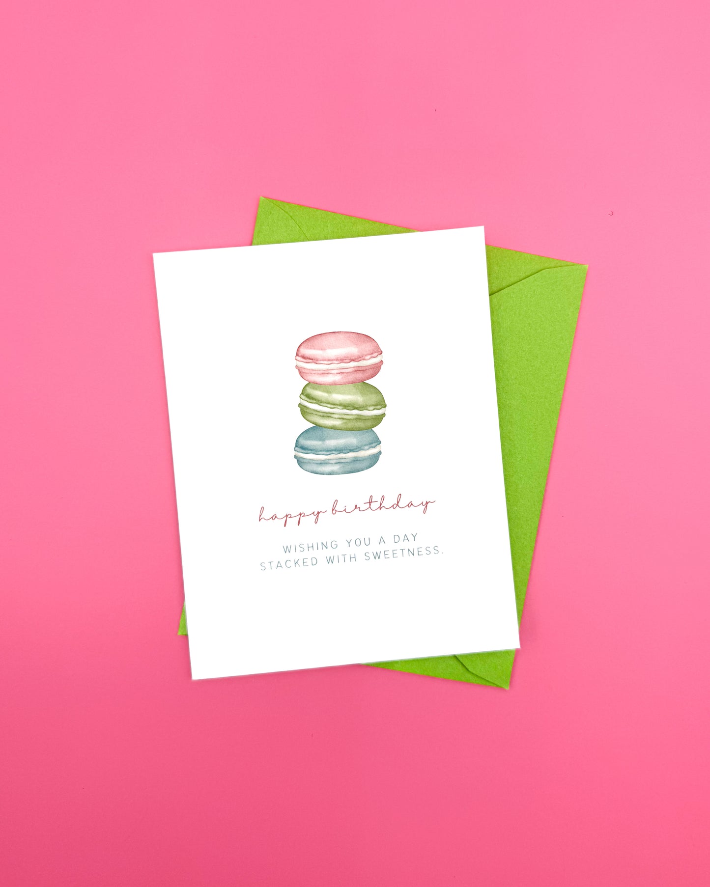Greeting card with macaron illustration and 'Happy Birthday' text on a pink background