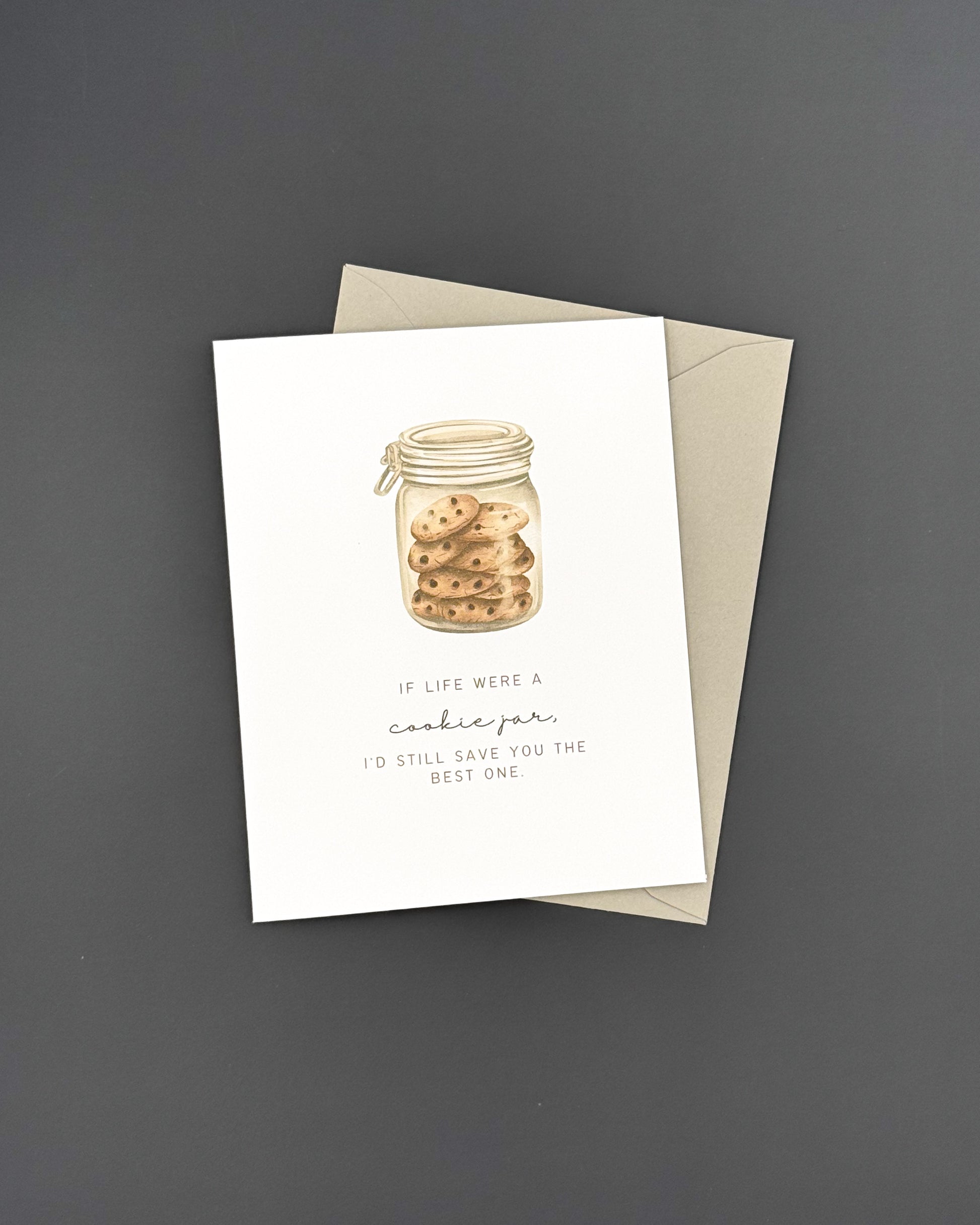 Greeting card with a jar of cookies illustration and text on a dark gray background