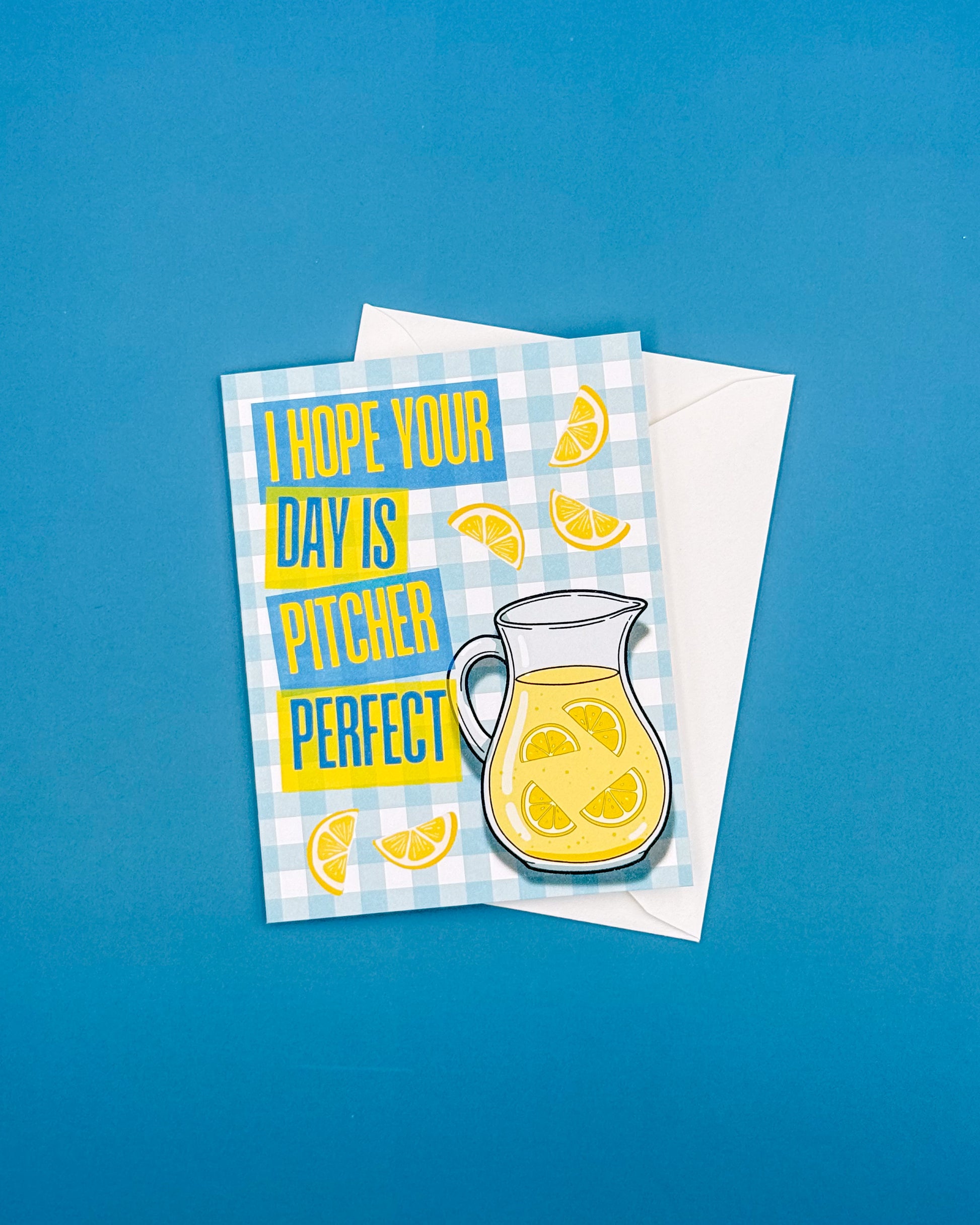 Greeting card with pitcher of lemonade design and text on a blue background