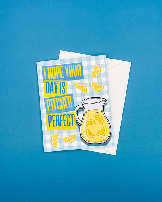 Greeting card with pitcher of lemonade design and text on a blue background