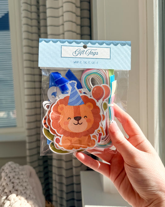 A hand holding a clear plastic bag of colorful gift tags featuring a cartoon lion face and party-themed designs, with a blue header card that reads 'Gift Tags' in a real indoor setting by a window.