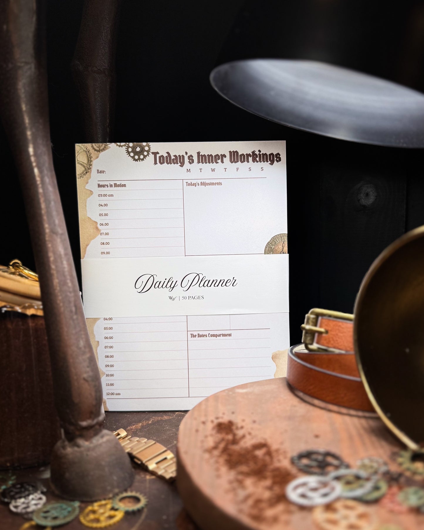 Daily planner sheet titled 'Today's Inner Workings' on a mechanical-themed background