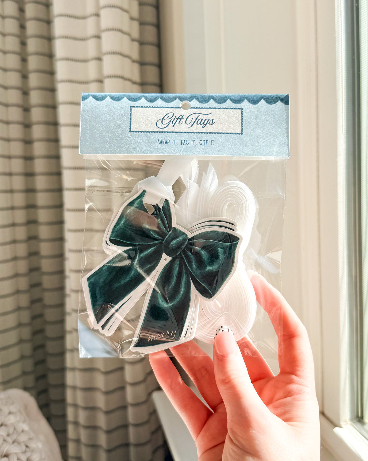 A hand holds a clear plastic package of white gift tags with a large dark green velvet bow on the front. The package has a light blue header card that reads 'Gift Tags'.