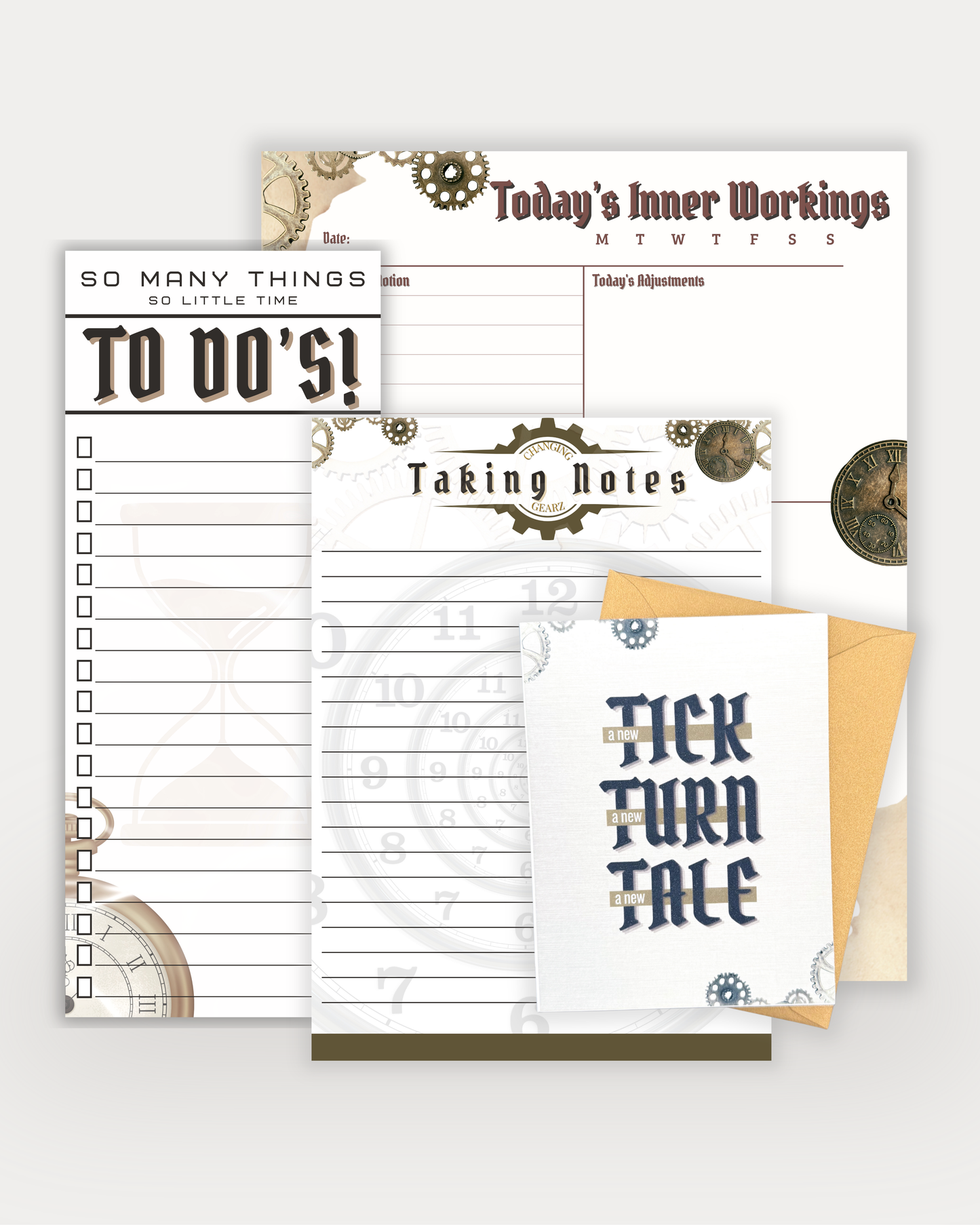 Collection of planner sheets with steampunk design elements on a white background