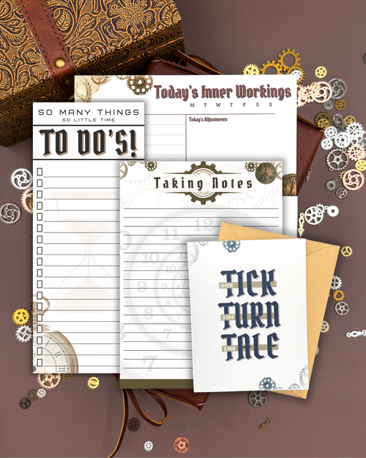 Collection of planner sheets with text and designs on a brown background with gears.