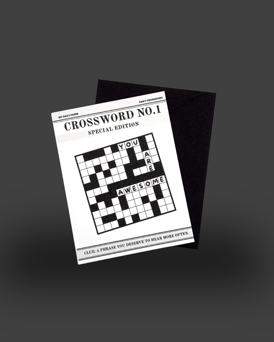 Crossword puzzle card with text on a dark background