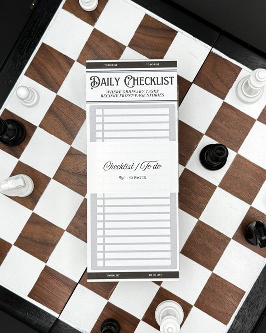 Daily checklist on a chessboard with chess pieces around