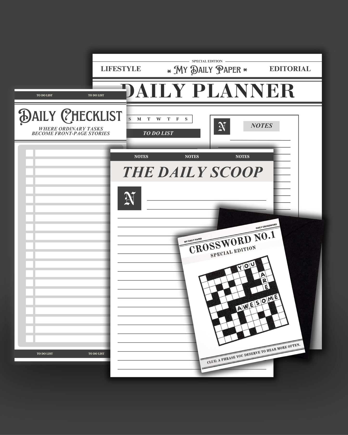 Collection of daily planner sheets and a crossword puzzle on a dark background