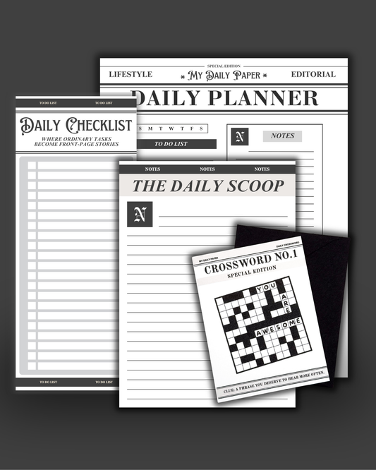 Collection of daily planner sheets and a crossword puzzle on a dark background