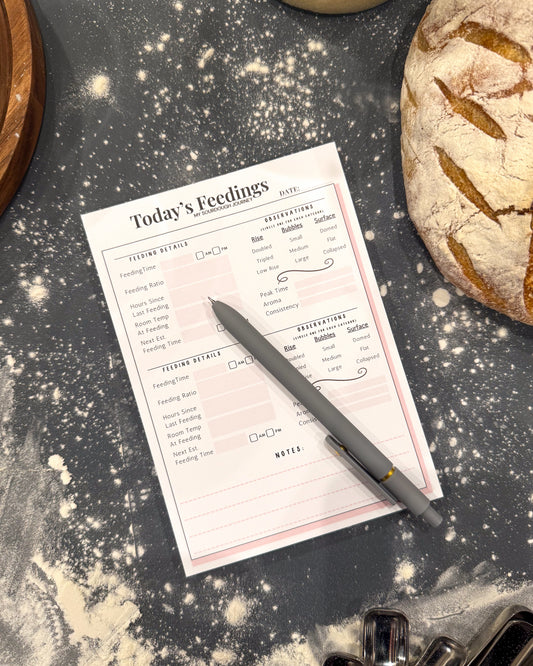 Sheet of paper titled 'Today's Feeding' on a flour-dusted surface with a loaf of bread and pen.