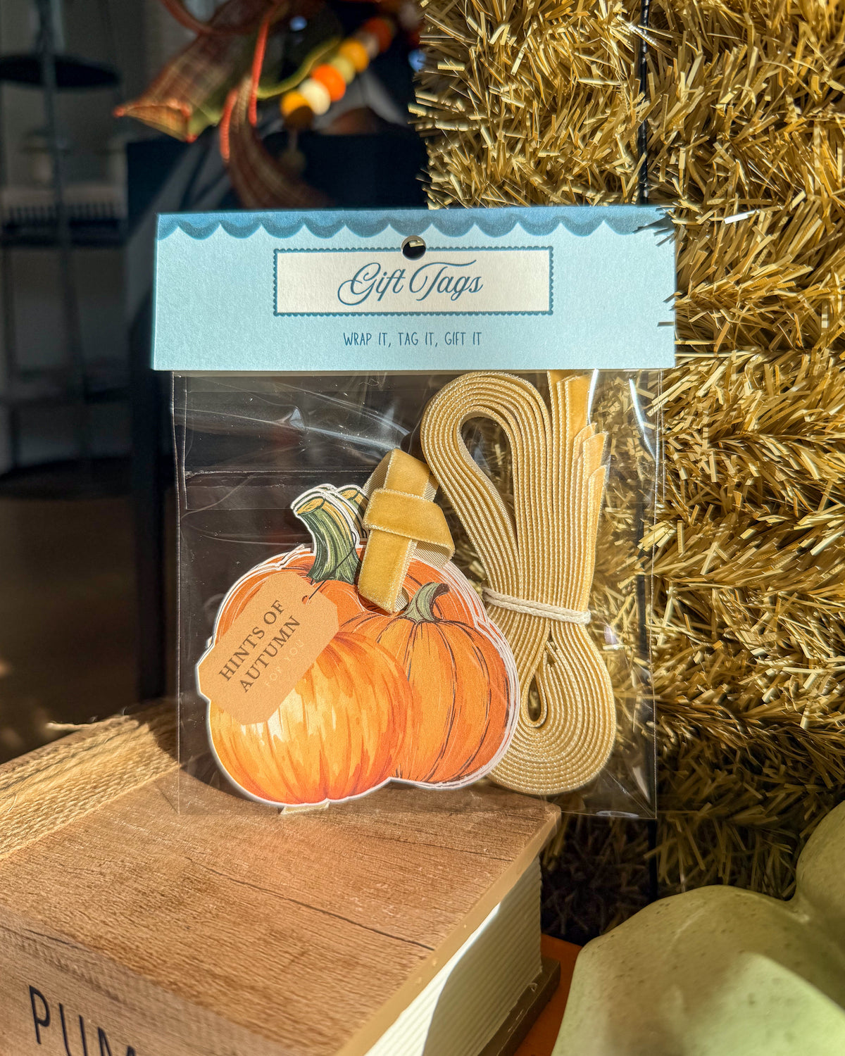 A packaged set of autumn-themed gift tags, featuring a pumpkin-shaped tag that reads 'THINGS OF AUTUMN' and a beige ribbon, in a clear plastic bag with a light blue header card. The package is styled on a wooden surface next to a gold tinsel decoration.
