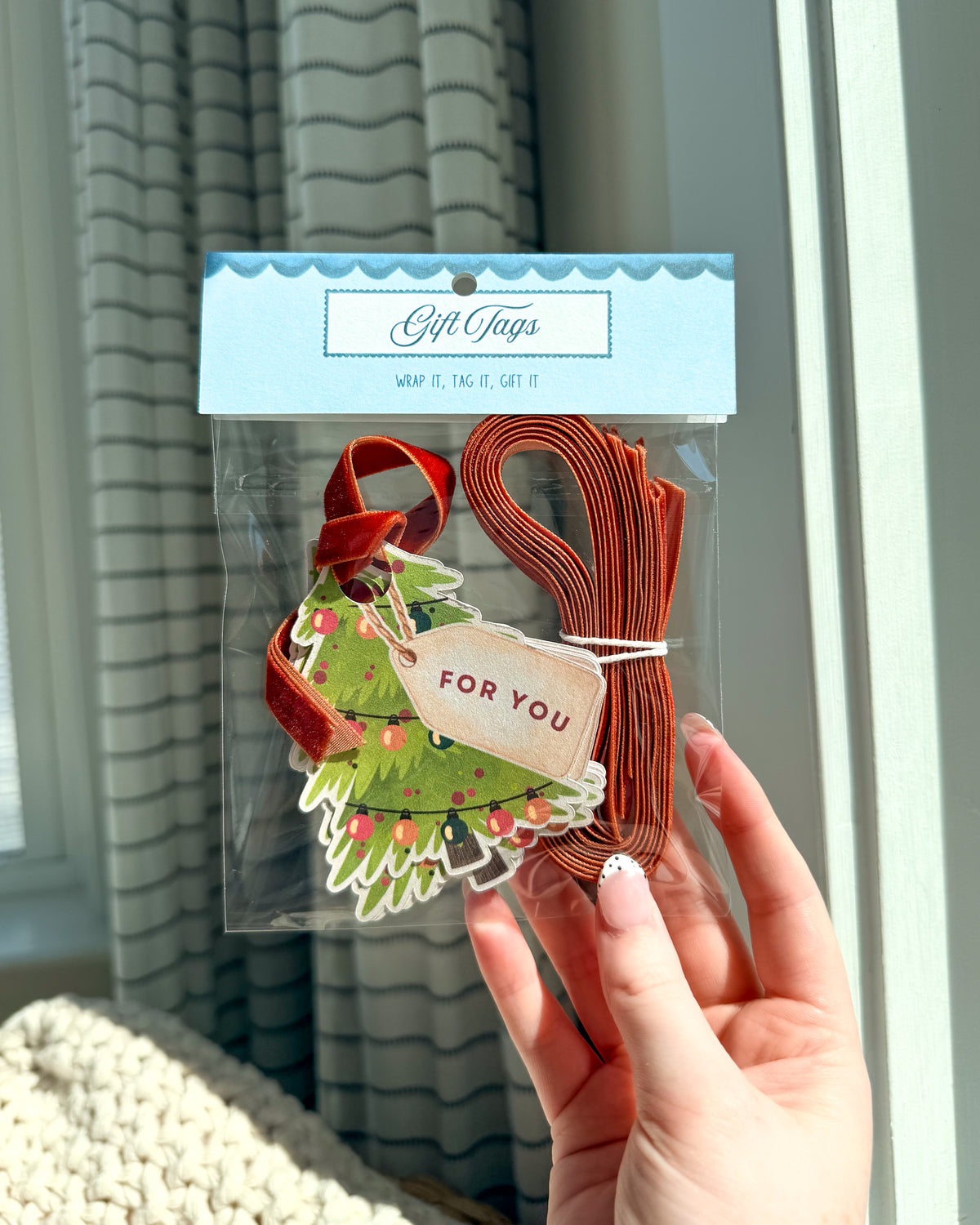 A hand holds a clear plastic package of decorative gift tags with a light blue header card. The tags include a Christmas tree design with ornaments and a red ribbon loop, plus several reddish-brown loop tags.